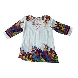 Jessica Taylor Colorful Embellished Boho Blouse Large Sheer Floral 3/4 Sleeve